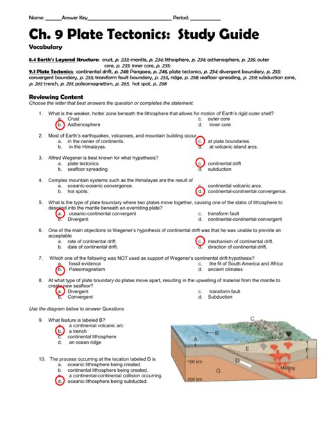 plate tectonics worksheet answers key